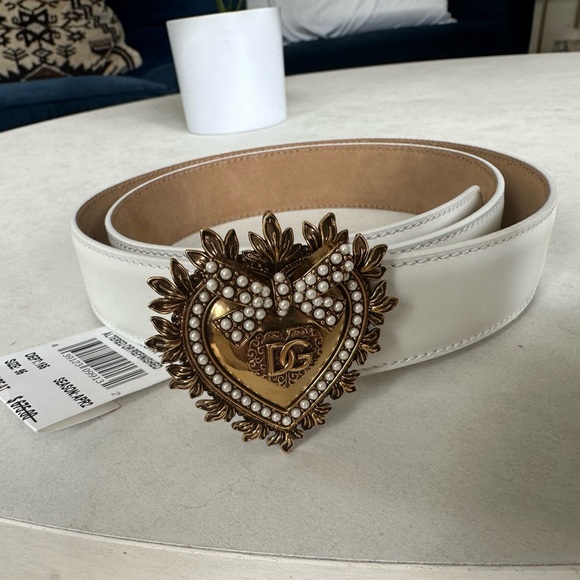 Dolce & Gabbana Accessories - Dolce and Gabbana, white devotion, leather belt with gold heart buckle, size 38”